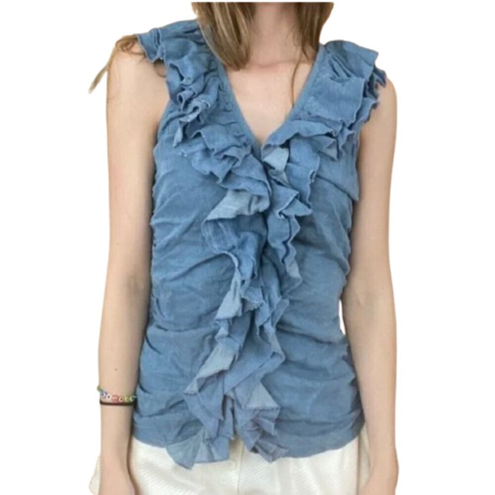 Women's 8 Boston Proper Chambray Ruffle Sleeveless Blouse